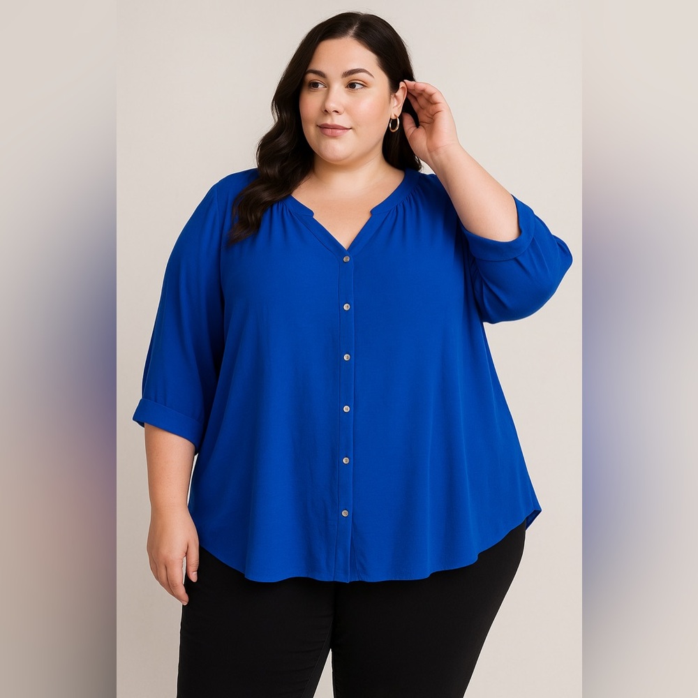 Adrienne Vittadini Button Front Blouse Blue Size 3X